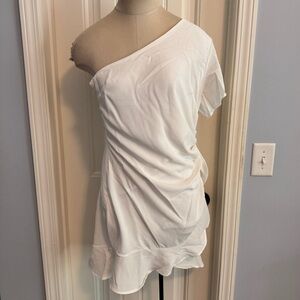 NEW She + Sky Large White One Shoulder Ruffle Mini DRESS Sorority Bride Feminine